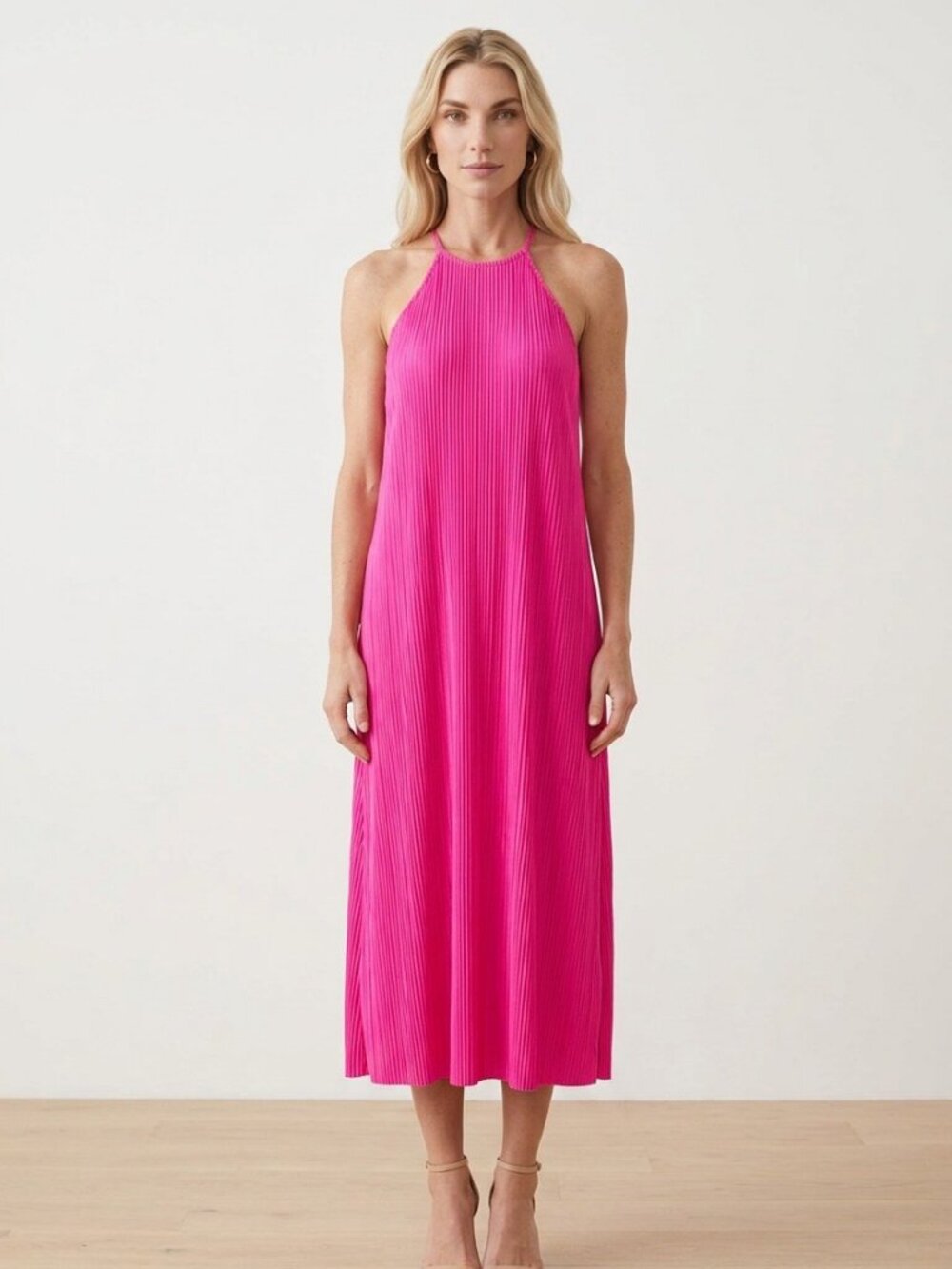 A New Day Neon Pink Pleated Midi Dress NWT Size M